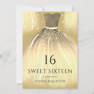 Gyllen Glitter Mermaid Klänning Sweet 16 Fest Inbjudningar