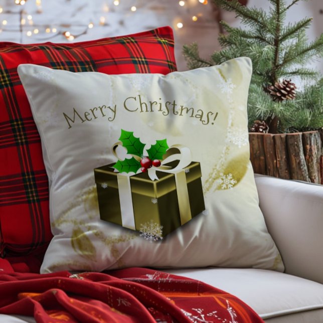 Gyllen julpresent kastkudde kudde (Gold Christmas Gift Throw Pillow)
