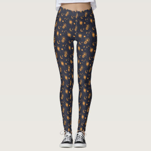 Gyllen svart himmelsk sol måne galaxmönster leggings