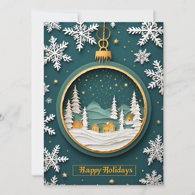 🎁 Gyllen Vinter Byn Ornament Festiv Grön Kort (Framsida)