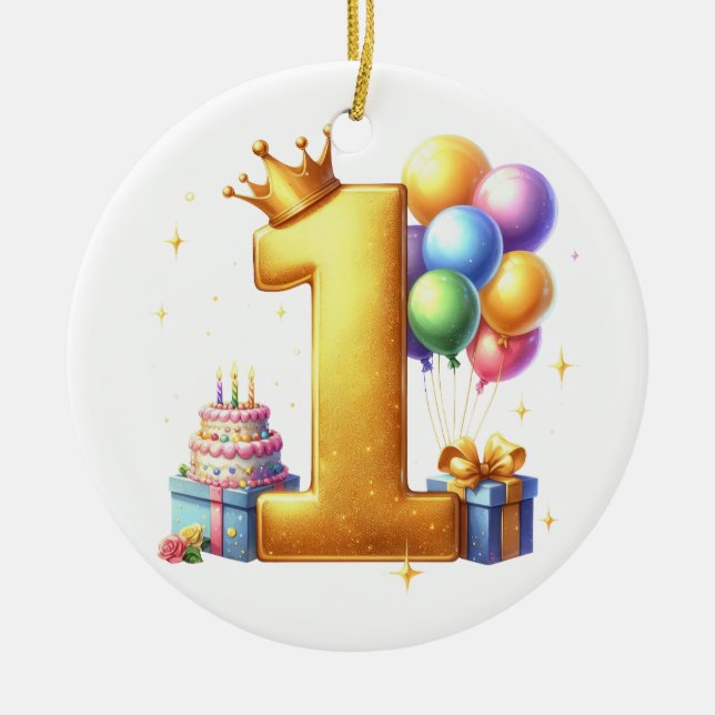 Gyllene 1-års födelsedag julgransprydnad keramik (Framsidan)