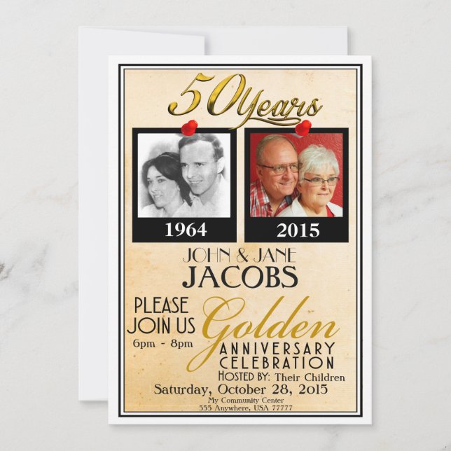 Gyllene 50-års bröllopsinbjudningar inbjudningar (Framsida)
