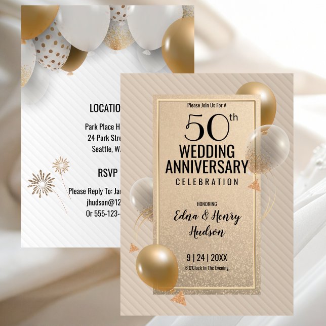 Gyllene 50-års bröllopsjubileum inbjudningar (Golden 50th Wedding Anniversary Invitation with Gold and White)