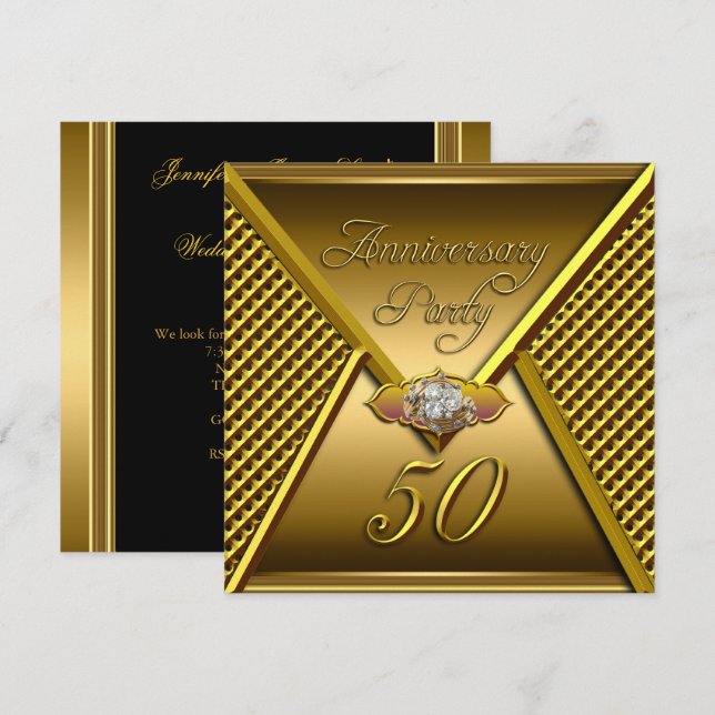 Gyllene 50-årsjubileum Elegant Bröllop Guld Inbjudningar (Fram/baksida)