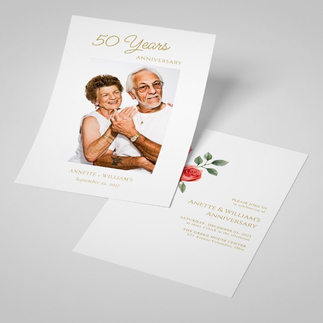 Gyllene 50-årsjubileumsinbjudningar med ros inbjudningar (Personalized Golden 50th Anniversary Invitations with Rose)