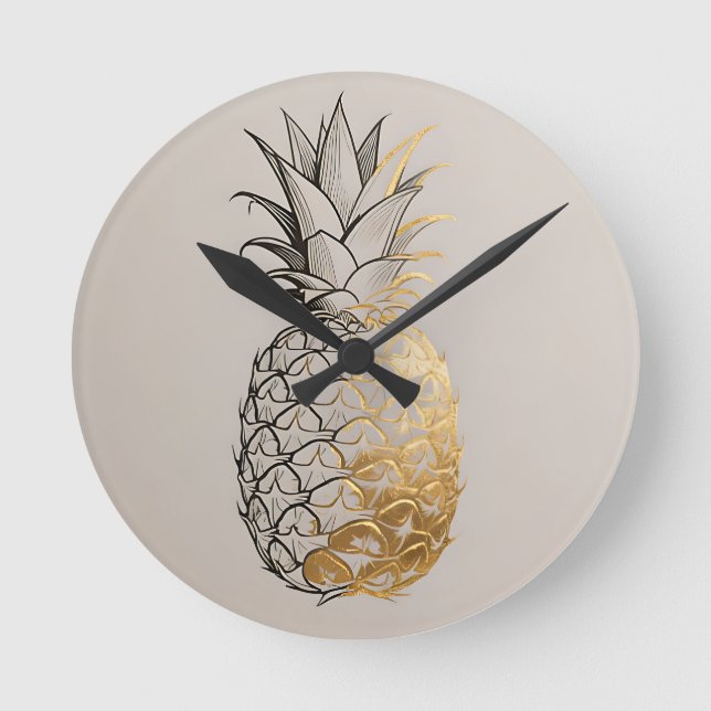 Gyllene Ananas Linje Konst Rund Klocka (Framsida)