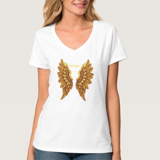 Gyllene Ängla Vingar Design T Shirt (Framsida)