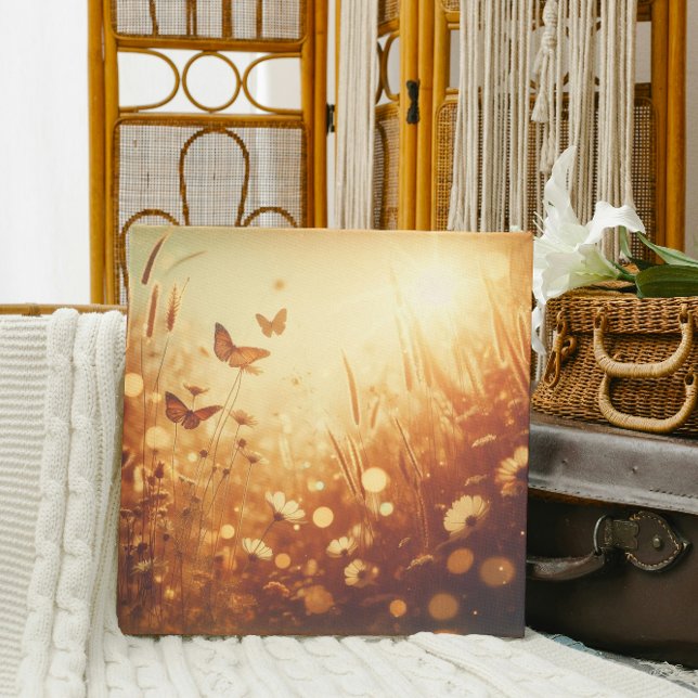 Gyllene ängslycka – Vintage blommig canvaskonst (Golden hour butterflies. Sun-drenched meadow canvas art. #ButterflyDecor #SummerVibes)