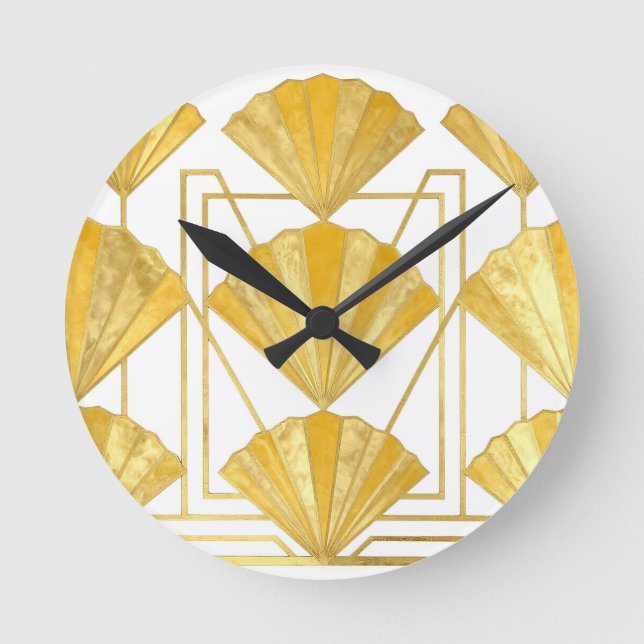 Gyllene Art Deco-fläktmönster Rund Klocka (Framsida)