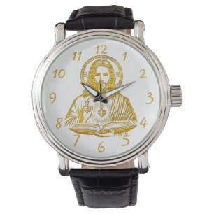 Gyllene avbildning av Jesus Holding a Bok Armbandsur