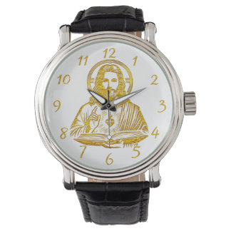 Gyllene avbildning av Jesus Holding a Bok Armbandsur