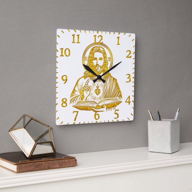 Gyllene avbildning av Jesus Holding a Bok Fyrkantig Klocka (Kontor)