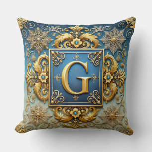 Gyllene Barock Bokstav G Blå Monogramstil ✨ Kudde
