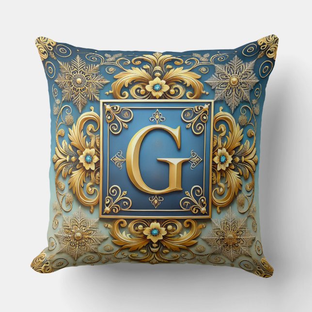 Gyllene Barock Bokstav G Blå Monogramstil ✨ Kudde (Framsida)