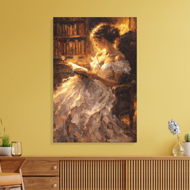 Gyllene biblioteksljus: Visuell Impasto-stil  Canvastryck (Insitu (Vardagsrum))