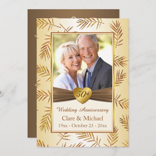 Gyllene blad, hjärta 50-års bröllopsjubileum inbjudningar (Fram/baksida)