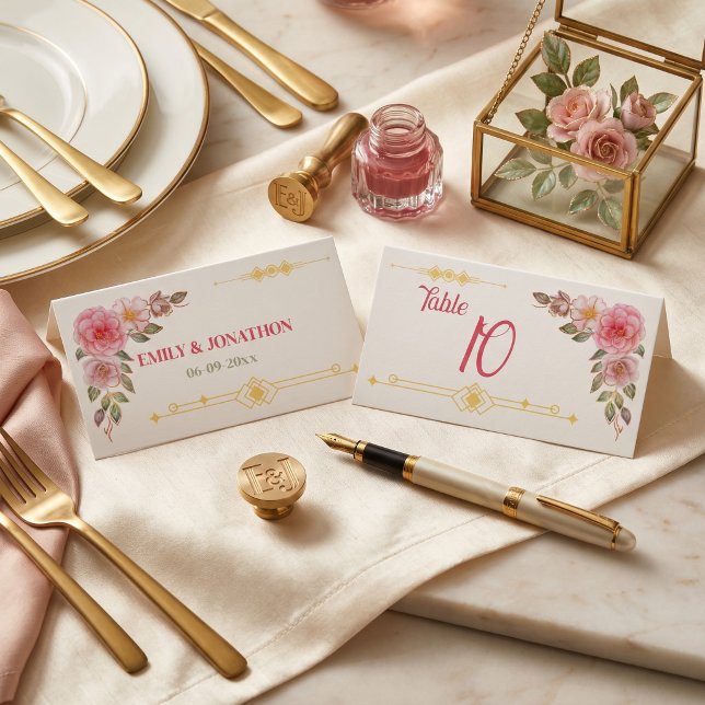 Gyllene Blommig Akvarell Bröllop  Placeringskort (Golden Floral Watercolor Wedding Place Card)