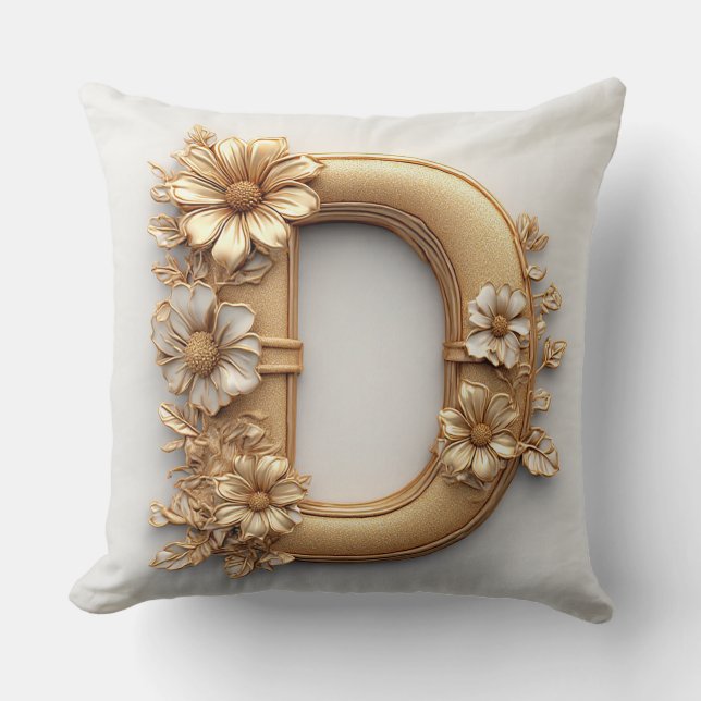 Gyllene Blommig Bokstav D Monogram Dekor 🌸 Kudde (Framsida)
