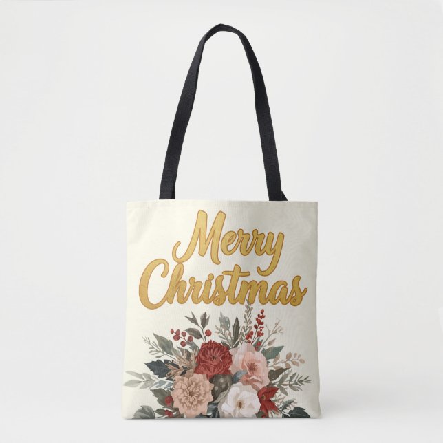 Gyllene Blommig God Jul Bukett Tygkasse (Framsida)
