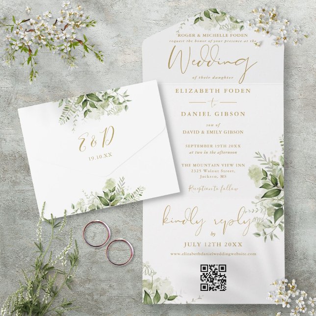 Gyllene Blommig Grönska QR-kod Formell Bröllop (Gold Floral Greenery QR Code Formal Wedding All In One Invitation)