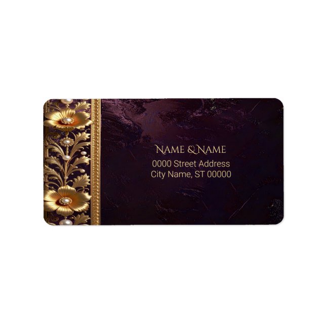 Gyllene Blommig Ornament med Pärlor Adressetikett (Framsidan)