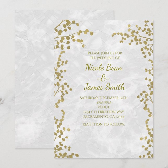 Gyllene blommiga bär Eleganta bröllopsinbjudningar Inbjudningar (Fram/baksida)
