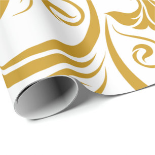 gyllene blommotiv och virvlande mönster på vit bak presentpapper