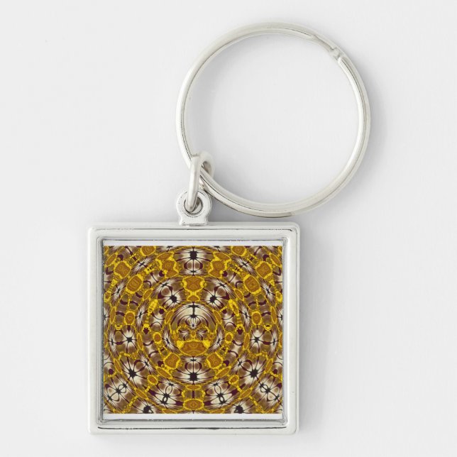 Gyllene blomster-mandala boho-mönster fyrkantig silverfärgad nyckelring (Framsidan)