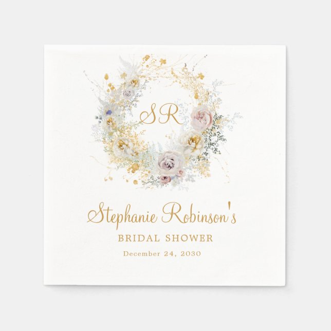 Gyllene blomster monogram bröllopsfest pappersservett (Framsidan)