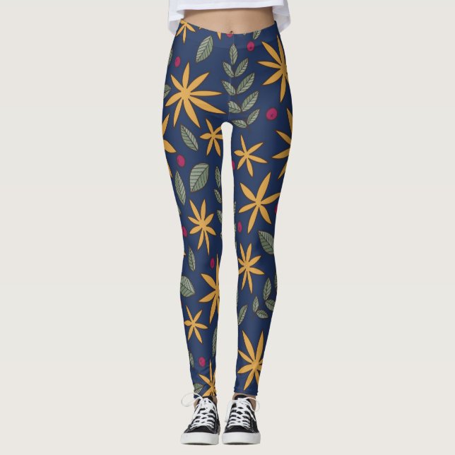 Gyllene blomster Mönster Botanisk Design Leggings (Framsida)