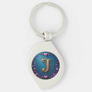 Gyllene Bokstav J Kärlek Naturinspirerad Monogram Swirl Silverfärgad Nyckelring
