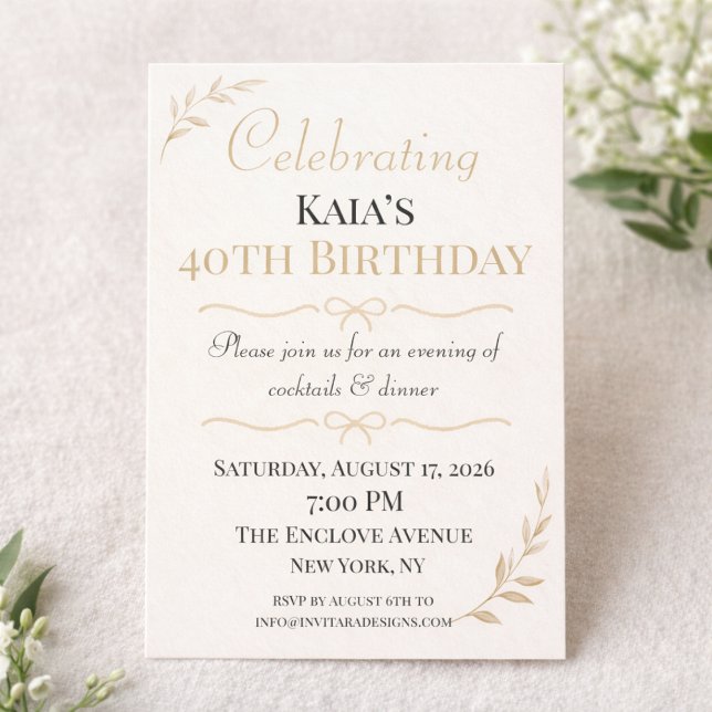 Gyllene botanisk firande inbjudan (Gold botanical birthday design with cream background for cocktail dinner celebration)
