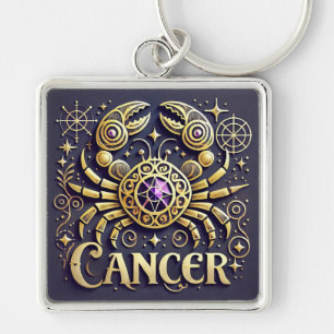 Gyllene Cancer Zodiak Symbol på Mörk Bakgrund Fyrkantig Silverfärgad Nyckelring