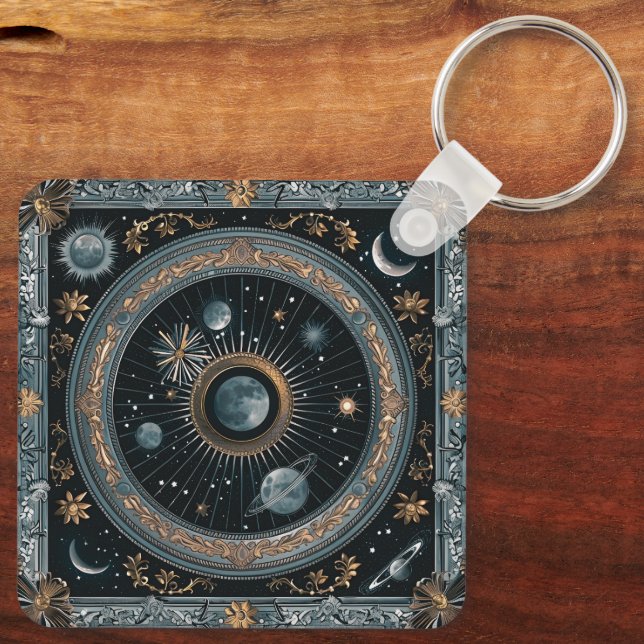 Gyllene Celestial Månebana med Detaljerad Astral Nyckelring (Baksida)