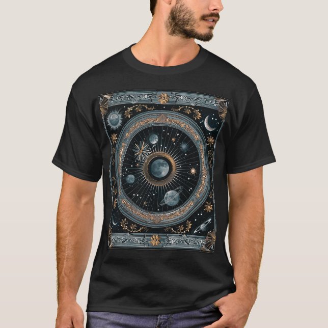 Gyllene Celestial Månebana med Detaljerad Astral T Shirt (Framsida)