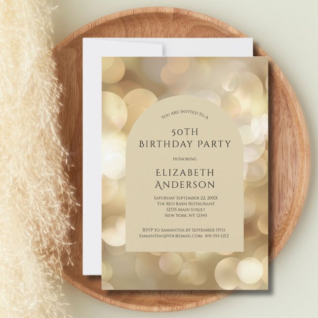 Gyllene Champagne Bokeh Arch 50-årsfirande Inbjudningar (Gold Champagne Bokeh Arch 50th Birthday invitation for him or her. Printed or Digital)