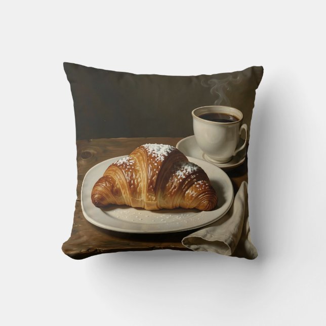 Gyllene Croissant Kaffe Stilleben Kudde (Framsida)