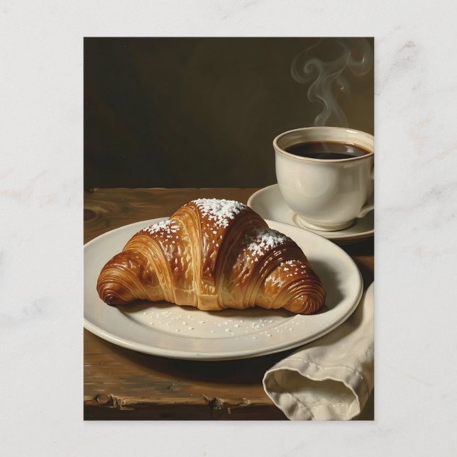 Gyllene Croissant Kaffe Stilleben Vykort (Framsida)