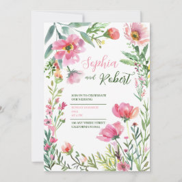 gyllene dammig rosa blomster grönska bröllopsinbju inbjudningar