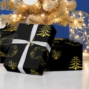 Gyllene dekorationer på svart jul presentpapper