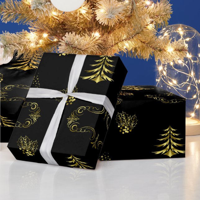 Gyllene dekorationer på svart jul presentpapper (Helgdagar)