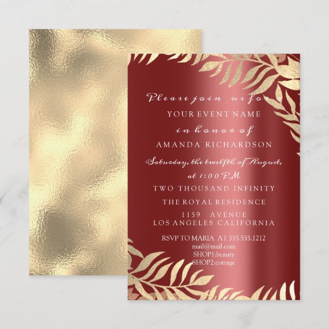 Gyllene Djungel Burgundy Elegant Bröllop Födelseda Inbjudningar (Fram/baksida)
