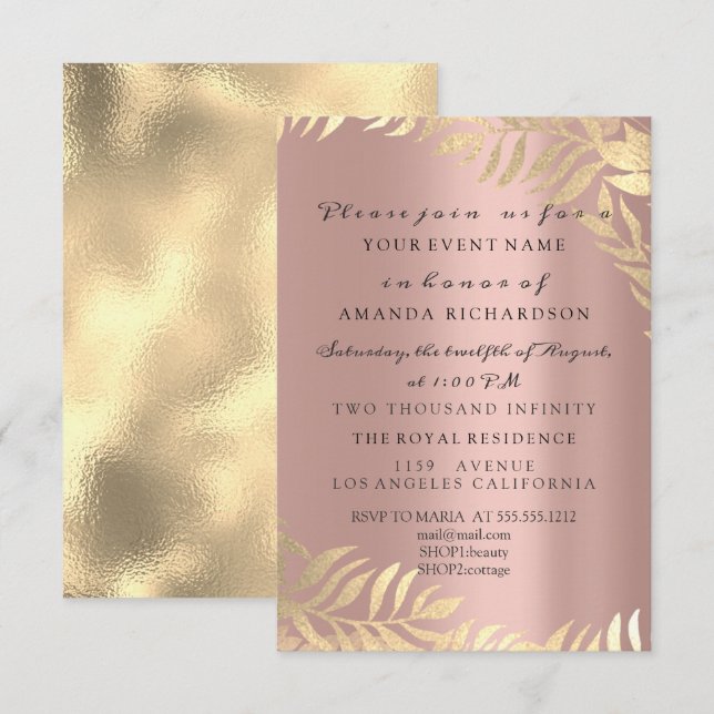 Gyllene Djungelros Elegant Bröllopsdag Födelsedag Inbjudningar (Fram/baksida)