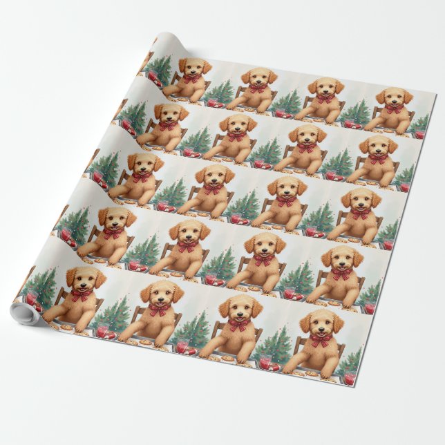 Gyllene Doodle Dekorerar Julgodis Presentpapper (Utrullad)