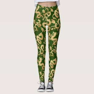 Gyllene Drakar Mönster D Grön BG Leggings
