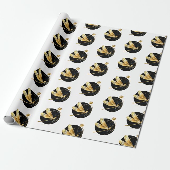 Gyllene drakfluga i svart cirkel presentpapper (Utrullad)