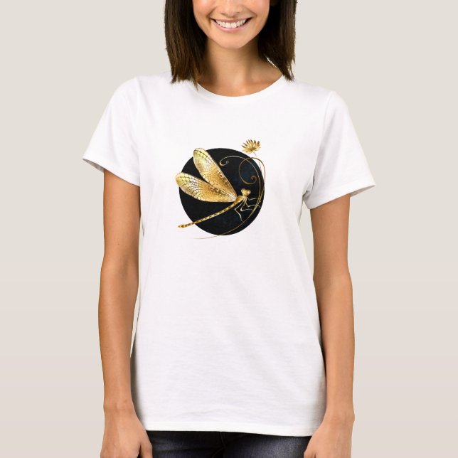 Gyllene drakfluga i svart cirkel t shirt (Framsida)