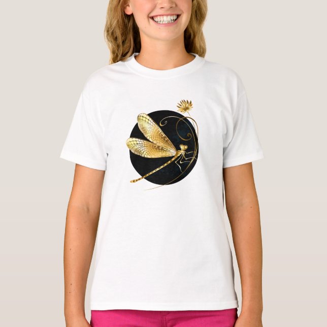 Gyllene drakfluga i svart cirkel t shirt (Framsida)