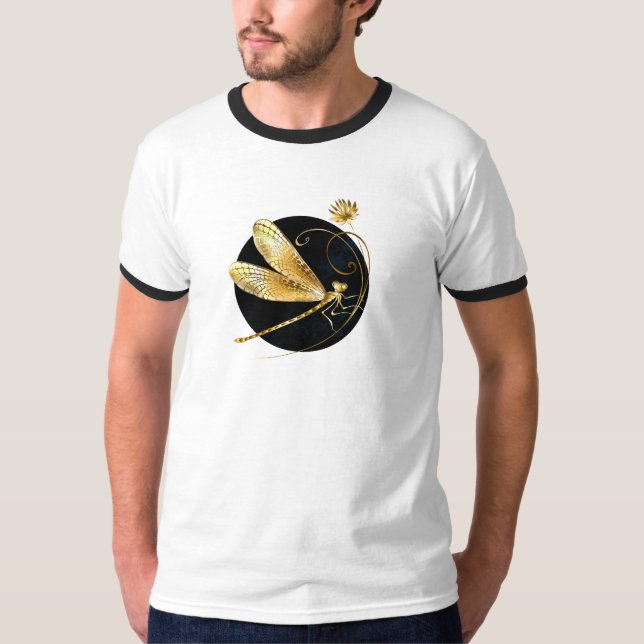Gyllene drakfluga i svart cirkel t shirt (Framsida)