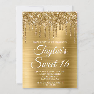 Gyllene droppande glitter guld folie Sweet 16 Inbjudningar